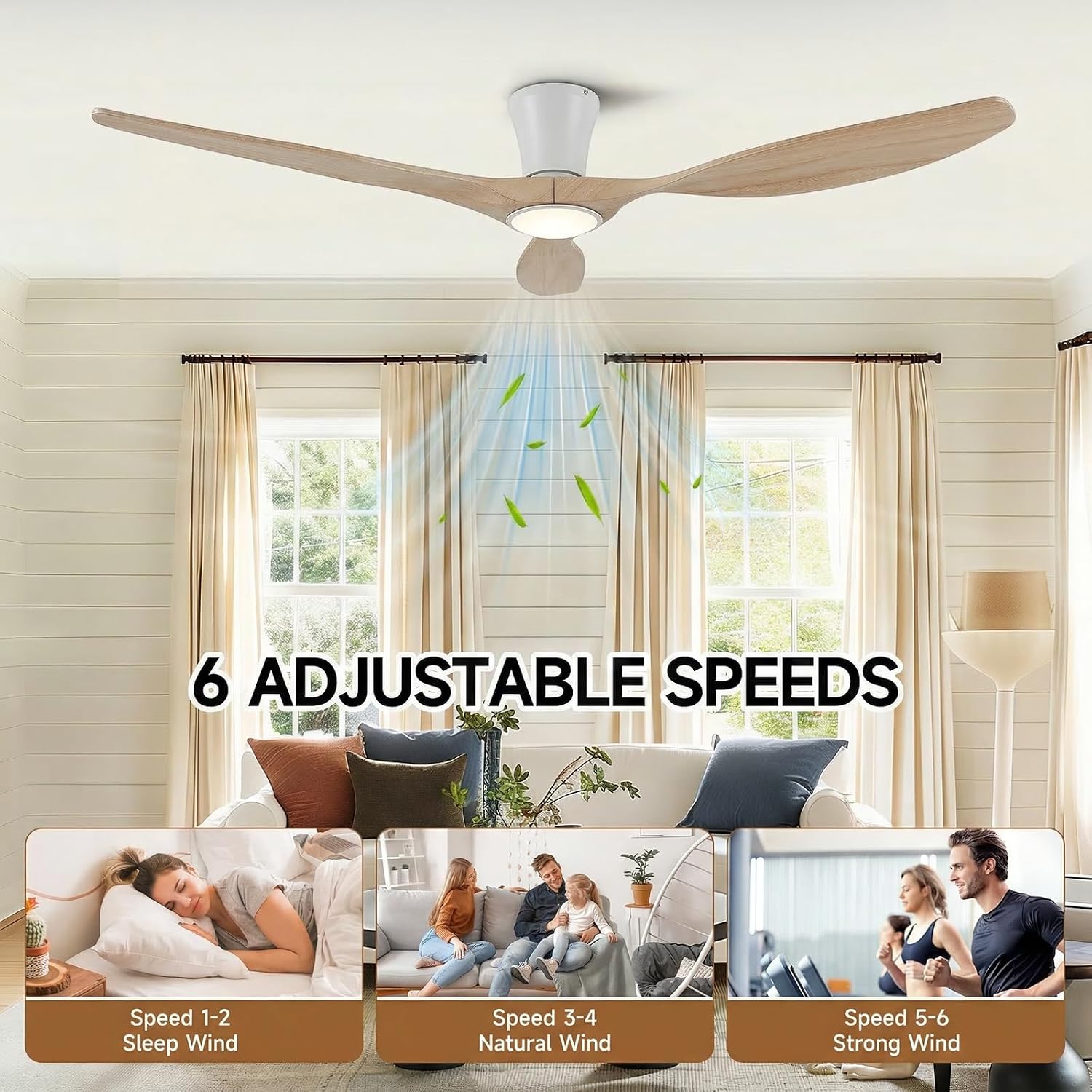Skylike 52' Flush Mount Wood Ceiling Fan with Lights, 3 Blade Low Profile Rustic Ceiling Fan with Remote Control,Quiet Indoor/Outdoor Light Walnut Ceiling Fan for Patio,Porch, Gazebo, Bedroom