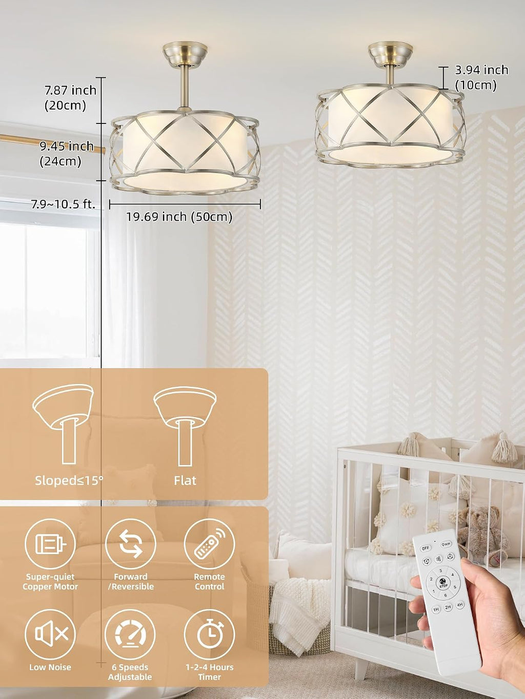 Silver Fandelier Ceiling Fans with Lights, 20' Mid Century Boho Chandelier Ceiling Fan Remote Control with 6 Speeds for Bedroom, Nursery, Living Room