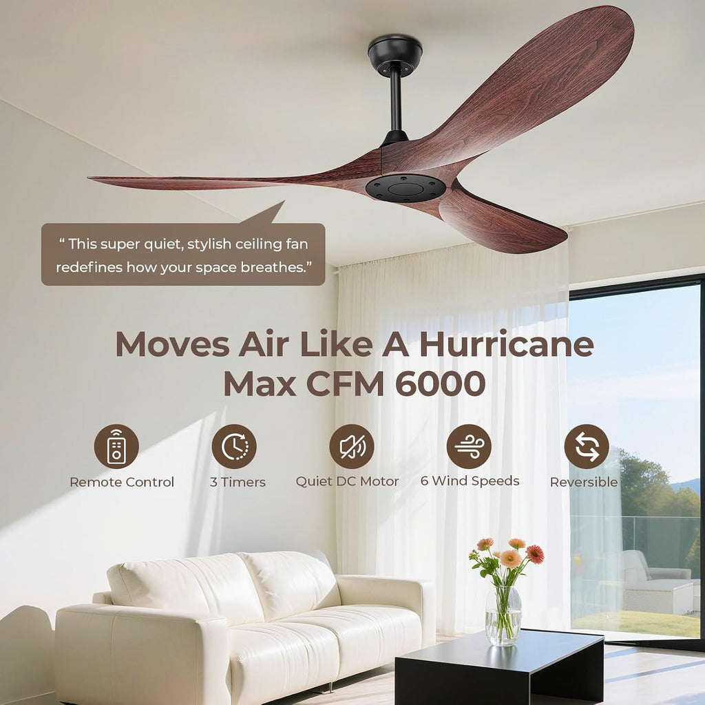 Obabala 60 Inch Ceiling Fan Without Lights, Walnut Finish | Outdoor Ceiling Fan with Remote, 6-Speed Adjustable Reversible DC Motor for Patio & Living Room