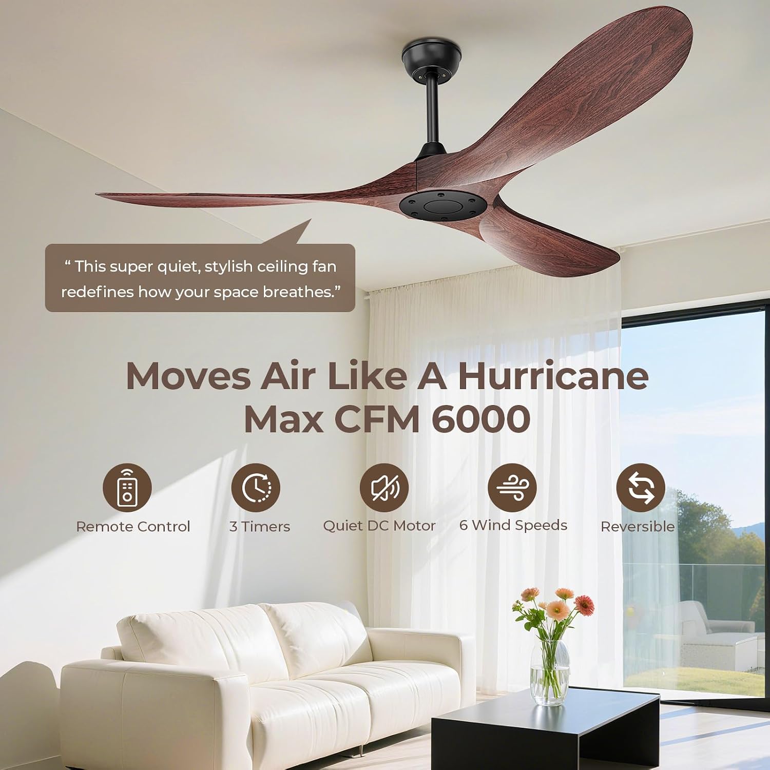 Obabala 60 Inch Ceiling Fan Without Lights, Walnut Finish | Outdoor Ceiling Fan with Remote, 6-Speed Adjustable Reversible DC Motor for Patio & Living Room