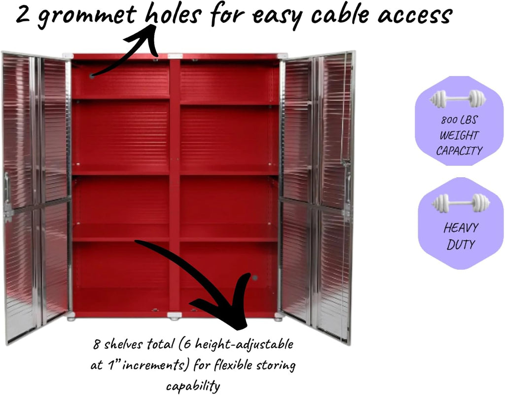Solid Stainless Steel Lockable Extra Wide MEGA Storage Cabinet, 60' W x 24' D x 72' H (Red)