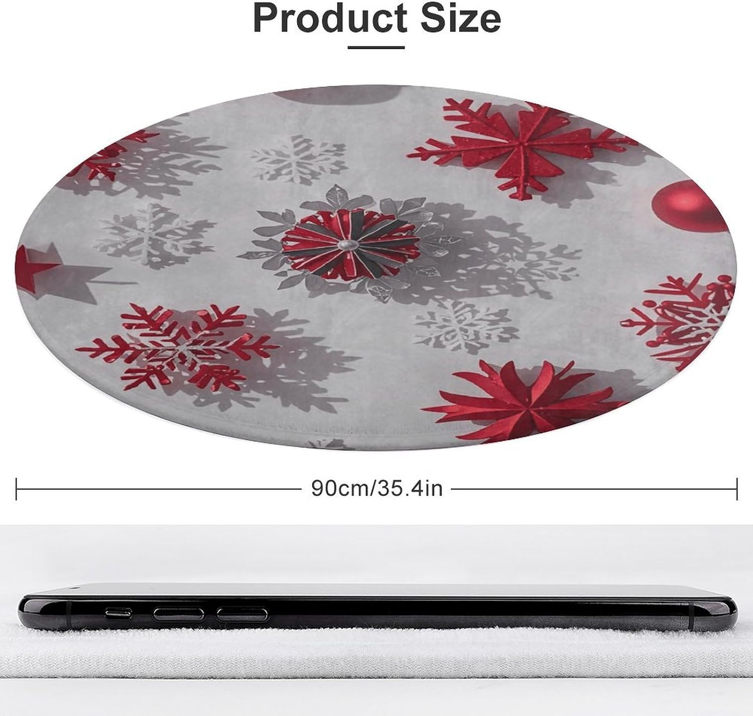 Christmas Red and Gray Snowflakes Coral Velvet Round Floor Mat Non-Slip Bath Rug Floor Covering for Bathroom Vanity Guest Suite & Vacation Home