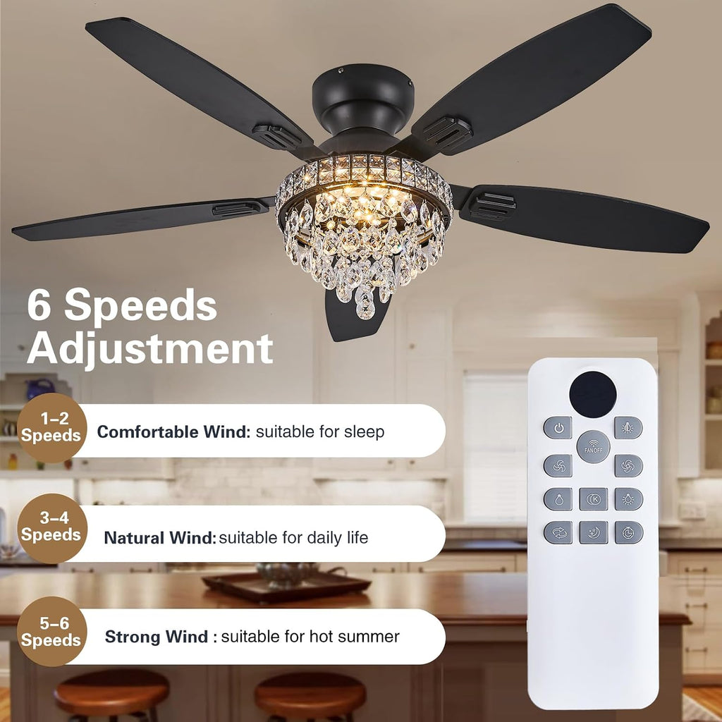 Crystal Ceiling Fan Fandelier with Lights-Ceiling Fans with Lights,50' Low Profile and Remote Control, Flush Mount, Reversible, Dimmable, Noiseless, Black Ceiling Fan for Bedroom