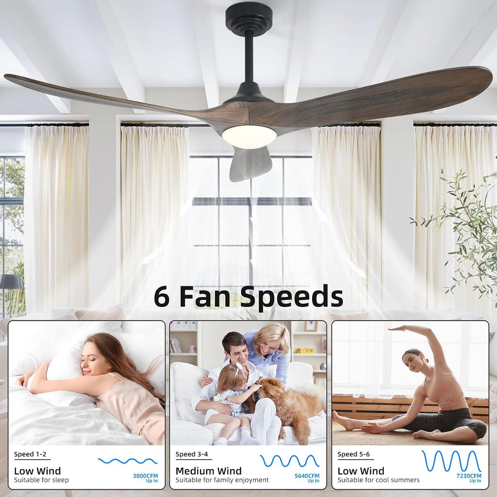 Ceiling Fan with Lights, 72'' Solid Wood Indoor/Outdoor Ceiling Fan with Quiet Reversible DC Motor, Compatible with Alexa/Google, 3CCT Dimmable, 6 Speeds Dark Brown Outdoor Fan for Patio Porch