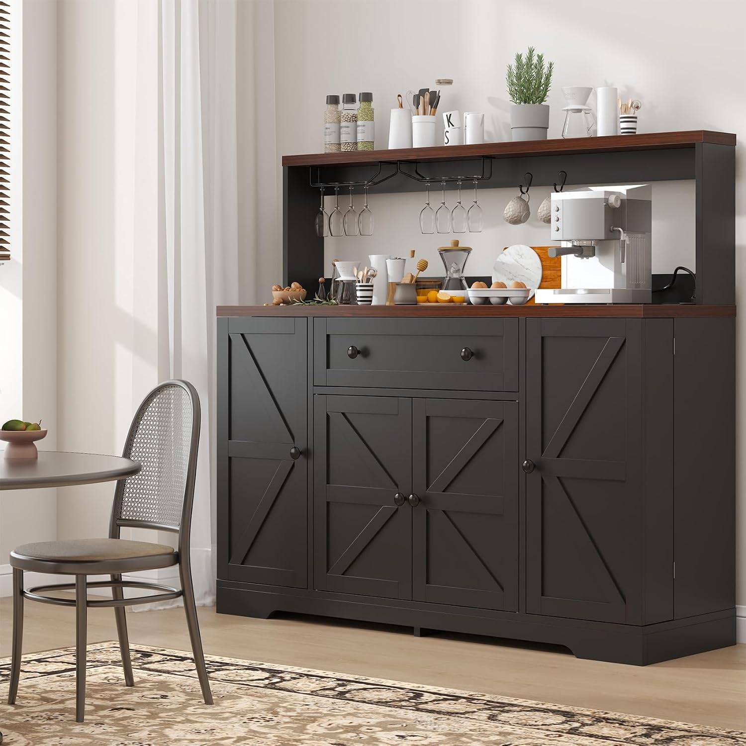 VVFLU Hutch Storage Buffet Cabinet with Drawers, and Charging Station, Coffee Bar Cabinet with Barn Doors, Wine Rack and Hooks, White Wood Sideboard Buffet for Kitchen, Dining Room, 47.8' High