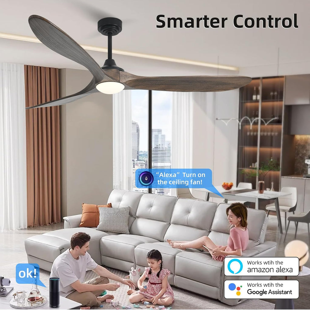 Ceiling Fan with Lights, 72'' Solid Wood Indoor/Outdoor Ceiling Fan with Quiet Reversible DC Motor, Compatible with Alexa/Google, 3CCT Dimmable, 6 Speeds Dark Brown Outdoor Fan for Patio Porch