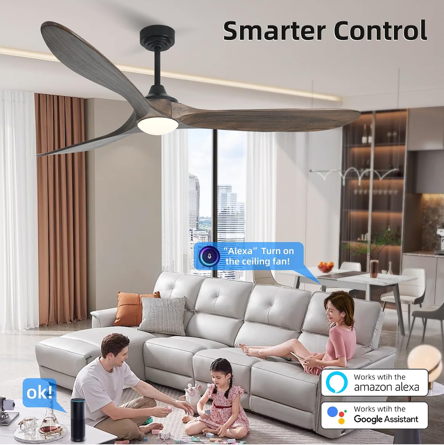 Ceiling Fan with Lights, 72'' Solid Wood Indoor/Outdoor Ceiling Fan with Quiet Reversible DC Motor, Compatible with Alexa/Google, 3CCT Dimmable, 6 Speeds Dark Brown Outdoor Fan for Patio Porch