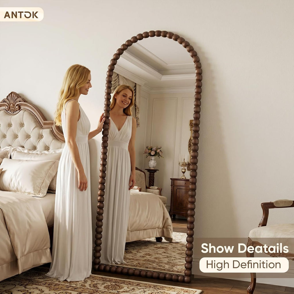 Antok 58' x 21' Arched Full Length Mirror, Antique Beaded Frame Floor Standing or Wall Mounted Mirror with Stand for Bedroom, Entryway, Brown, Luxury Style