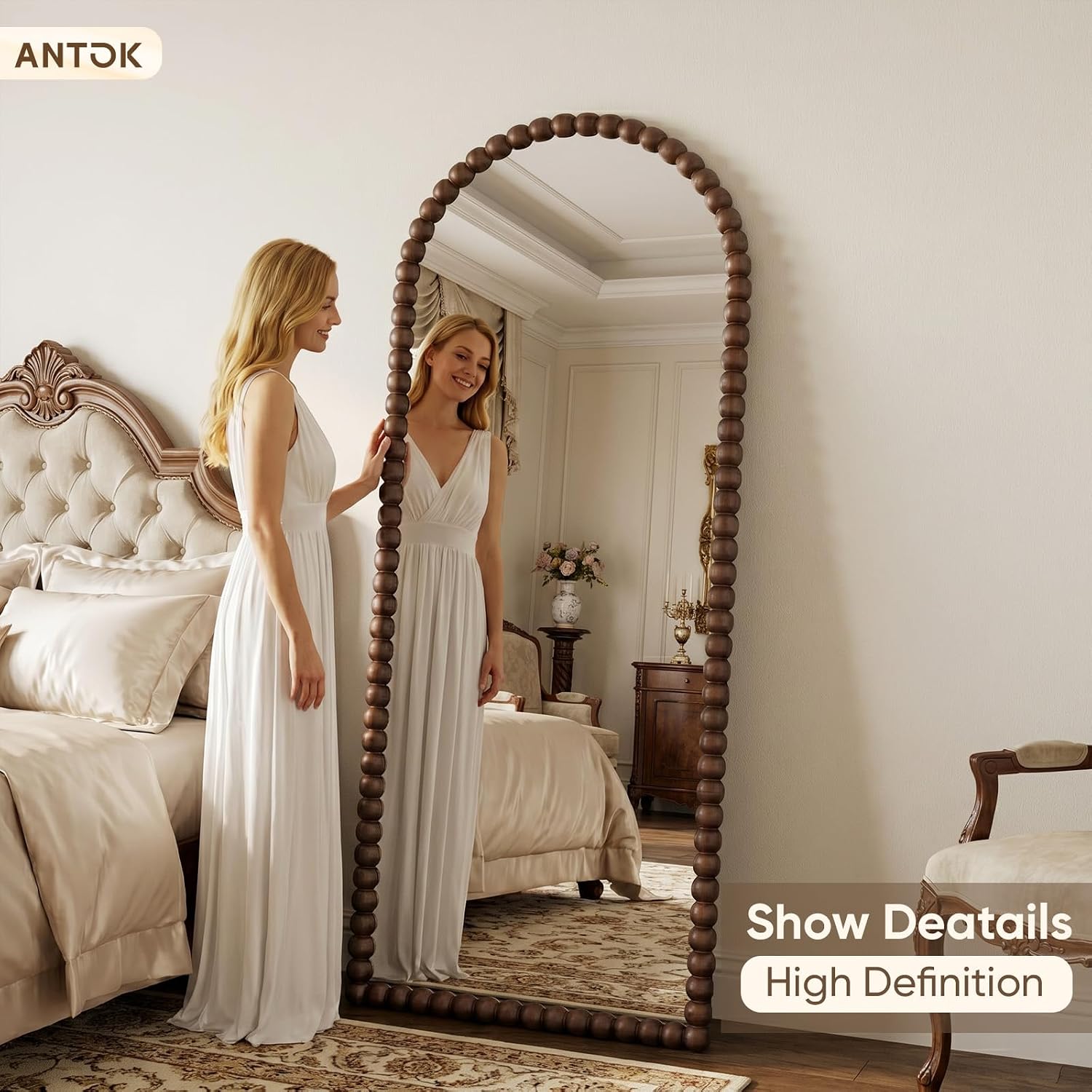 Antok 58' x 21' Arched Full Length Mirror, Antique Beaded Frame Floor Standing or Wall Mounted Mirror with Stand for Bedroom, Entryway, Brown, Luxury Style