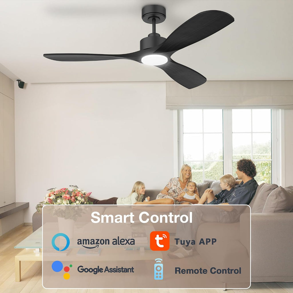 Hoenofly 52' Wood Smart Ceiling Fans with Lights Remote,Quiet DC Motor,Outdoor Indoor Ceiling Fan,Voice Control via WIFI Alexa App,Dimmable,Modern Black Ceiling Fan for Bedroom Patio Porch
