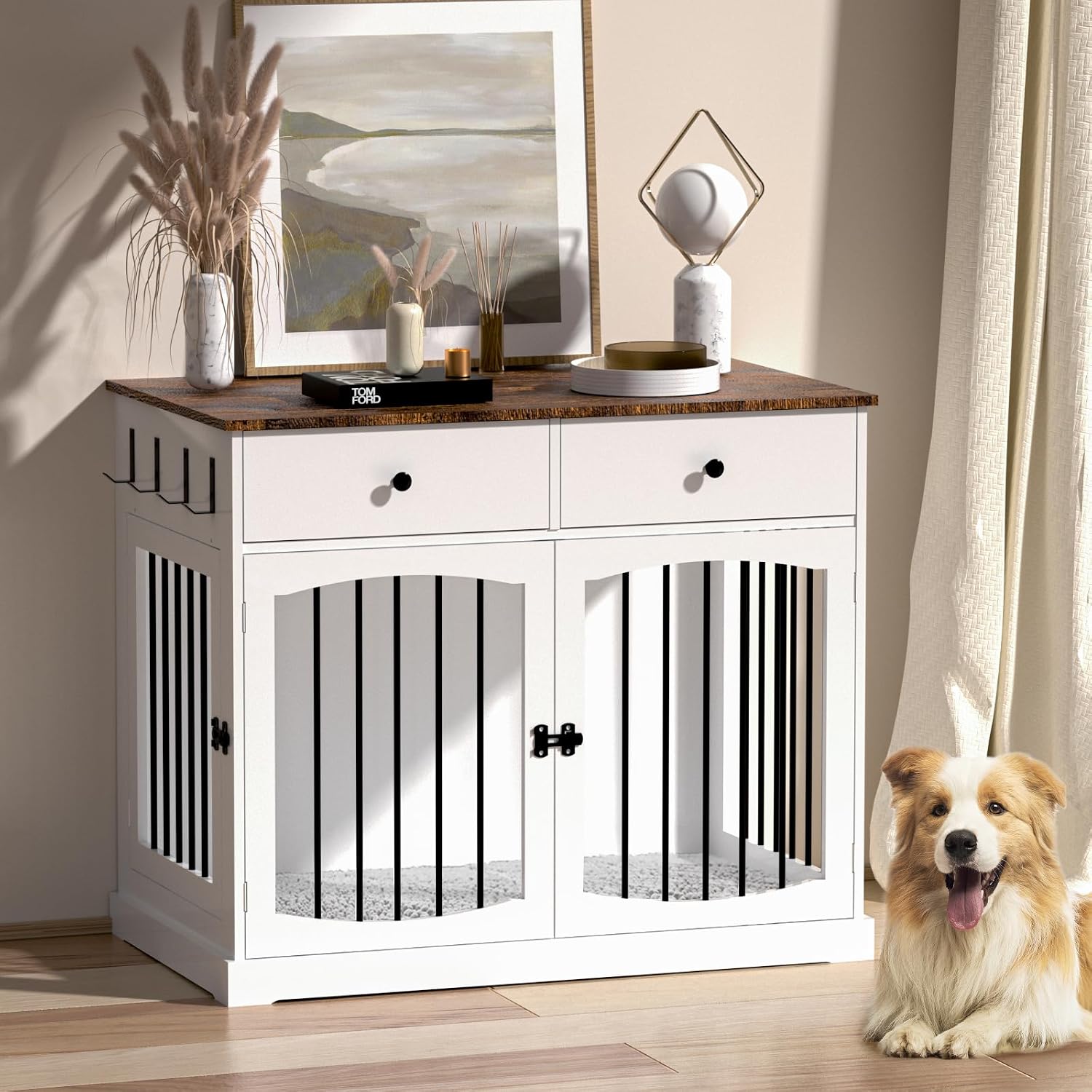 BREEZEHEAT 40 inch Dog Crate Furniture-Farmhouse Dog Kennel with Drawers-End Table Wooden Pet Crate, Double Door Design, Decorative Dog House Indoor for Small Medium Large Dog,Brwon