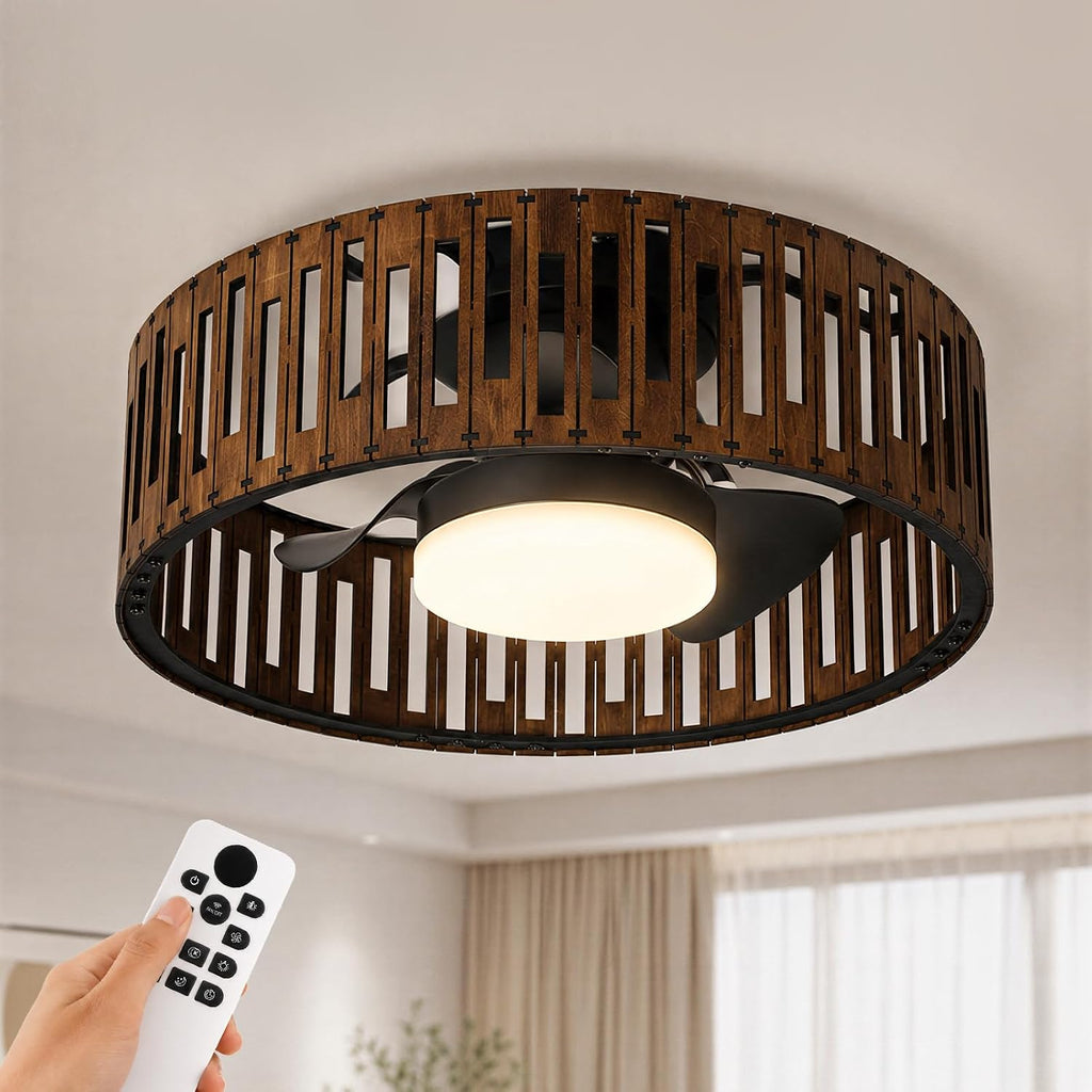 Ceiling Fans with Lights and Remote, 20'' Low Profile Flush Mount Ceiling Fan, 3000–6000K Dimmable LED Fandelier, Bladeless Wood Fan Light for Bedroom, Kitchen, Living Room, Diningroom，Foyer，Nursery