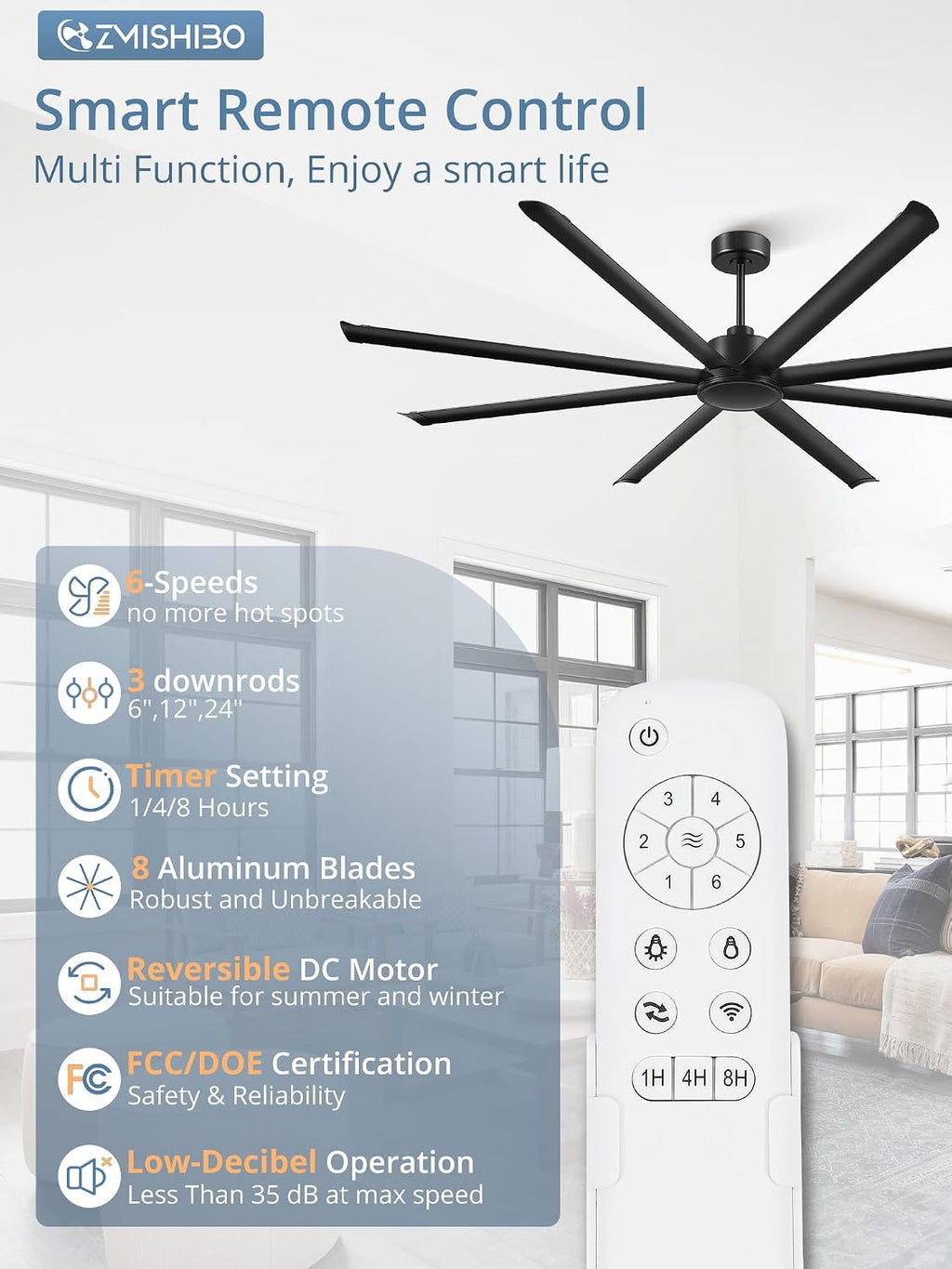 ZMISHIBO 96' Large Industrial Ceiling Fans No light with Aluminum 8 Blades, Commercial HVLS Ceiling Fan without Light,Quiet DC Motor,6 Speeds, Indoor Outdoor Ceiling Fan for Patio, Garage Shop,Black