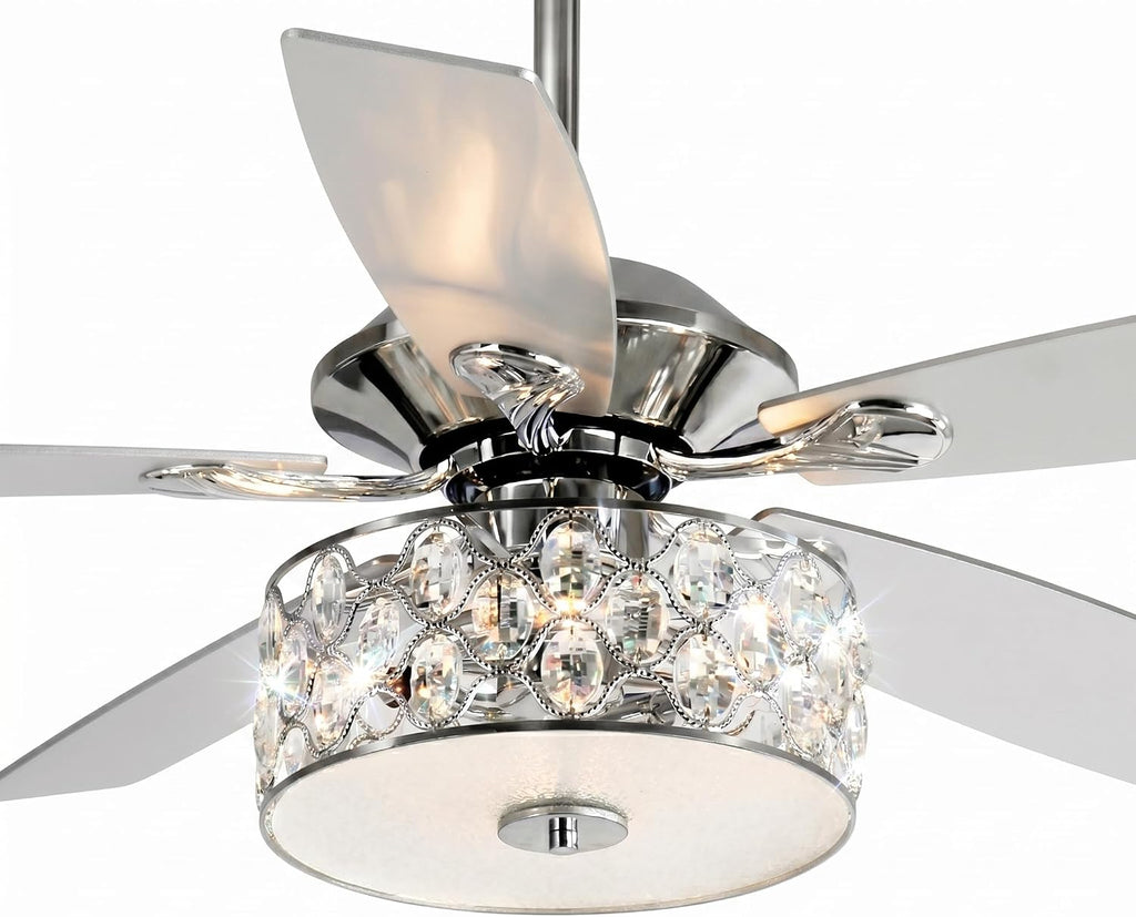 Parrot Uncle 52 Inch Ceiling Fans with Lights and Remote Control, Crystal Chandelier Fans for Bedroom Living Room, Reversible 5-Blade, 3 Speeds, Timer Function, Polished Chrome