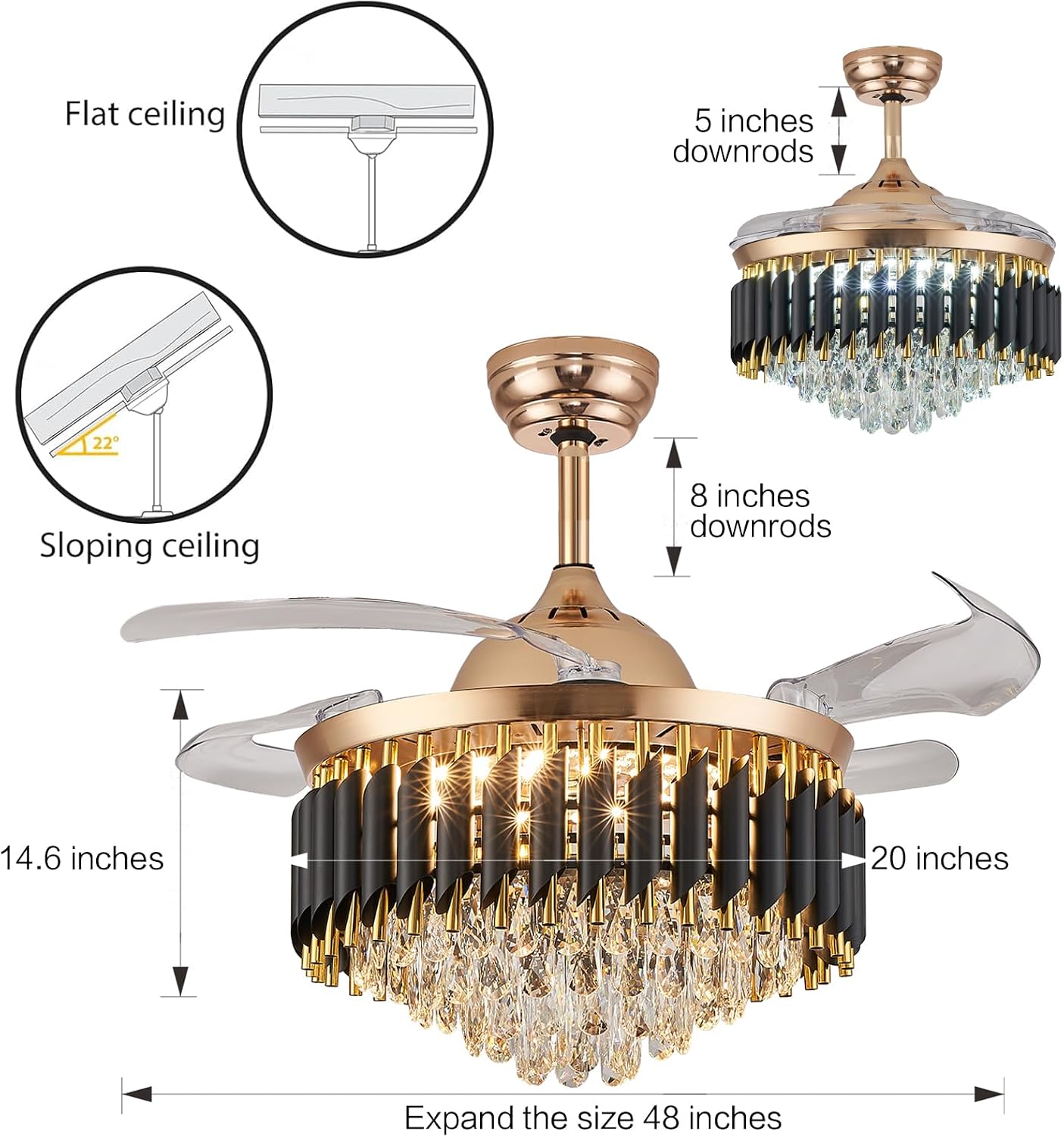48' Dimmable Black and Gold Crystal Chandelier with Fan, Gold Fandelier Ceiling Fans with Lights and Remote Modern Retractable Blade Ceiling Fans for Dinning Room Living Room Kitchen