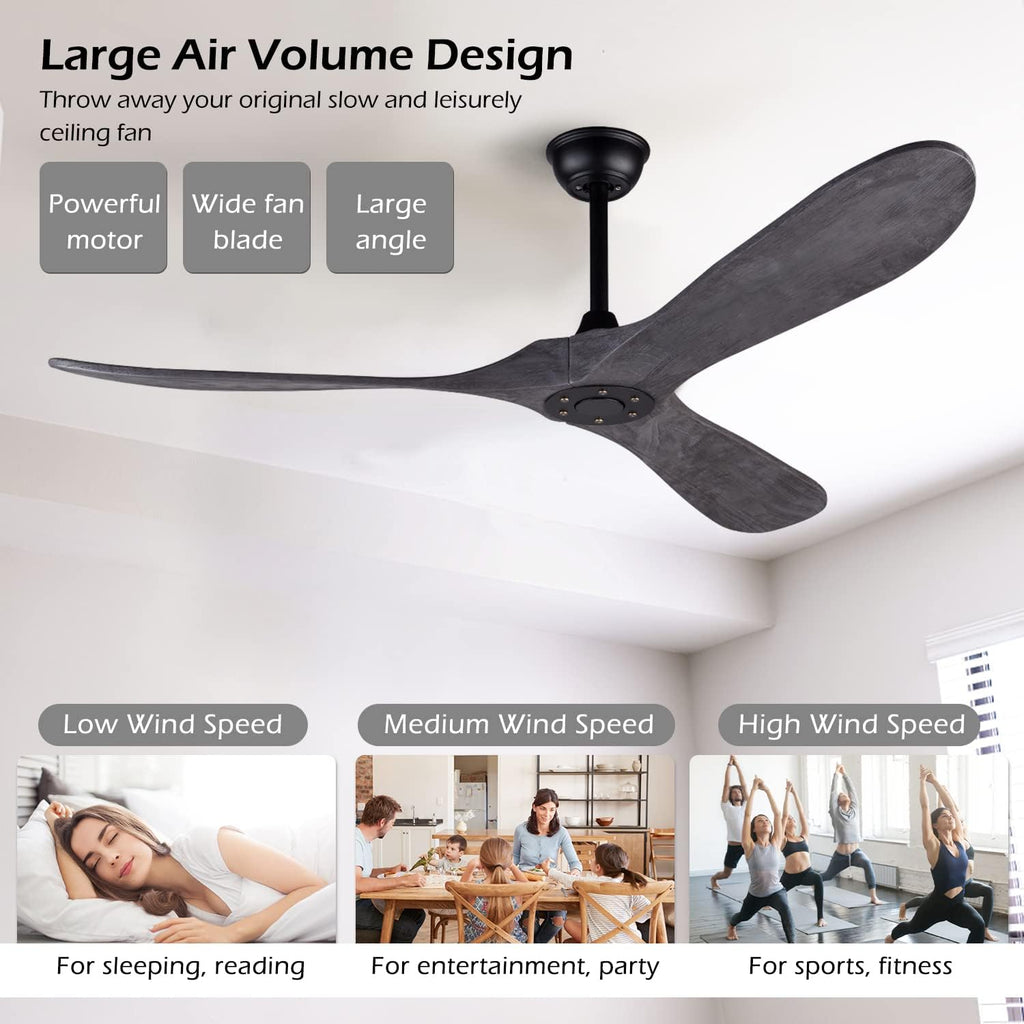 60 Inch Ceiling Fan without Light ，Wood Indoor Outdoor Ceiling Fans No Light for Patios Big Outside Farmhouse Ceiling Fan for Living Room Dining Room (Grey)
