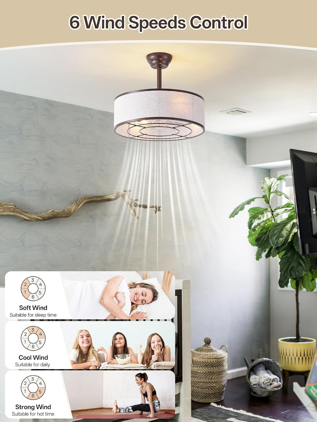 20' Brown Caged Boho Fandelier Ceiling Fan with Light & Remote Control - Bladeless Chandelier Fan, 6 Speed Quiet Reversible Motor for Bedroom, Nursery, Living Room