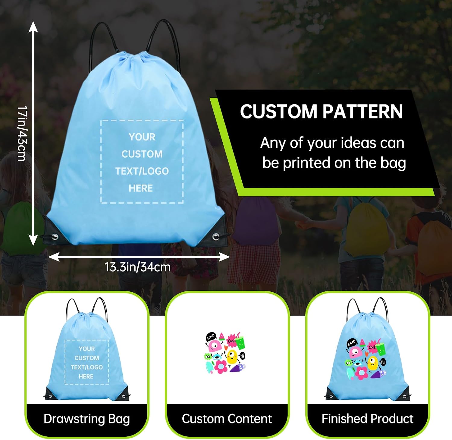 JEOHLORY pack of 100 Custom Bags With Your Logo,customized backpack,promotional items,Drawstring Backpacks,Great for Everyday Use (Custom Sky Blue)