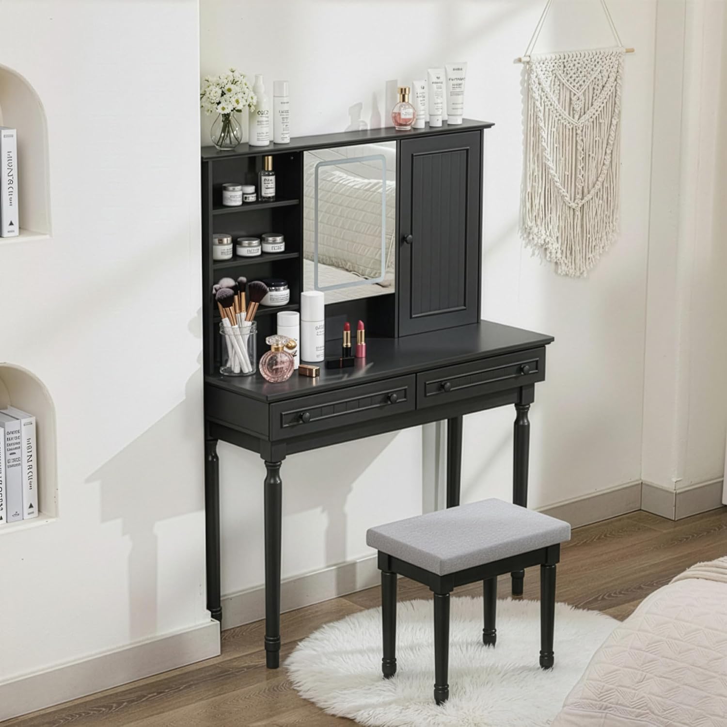 Scurrty Vintage Vanity Table Set with Stool, Color-Changing LED Mirror & Storage Organizer, Classic Wooden Dressing Makeup Desk for Bedroom (Black)