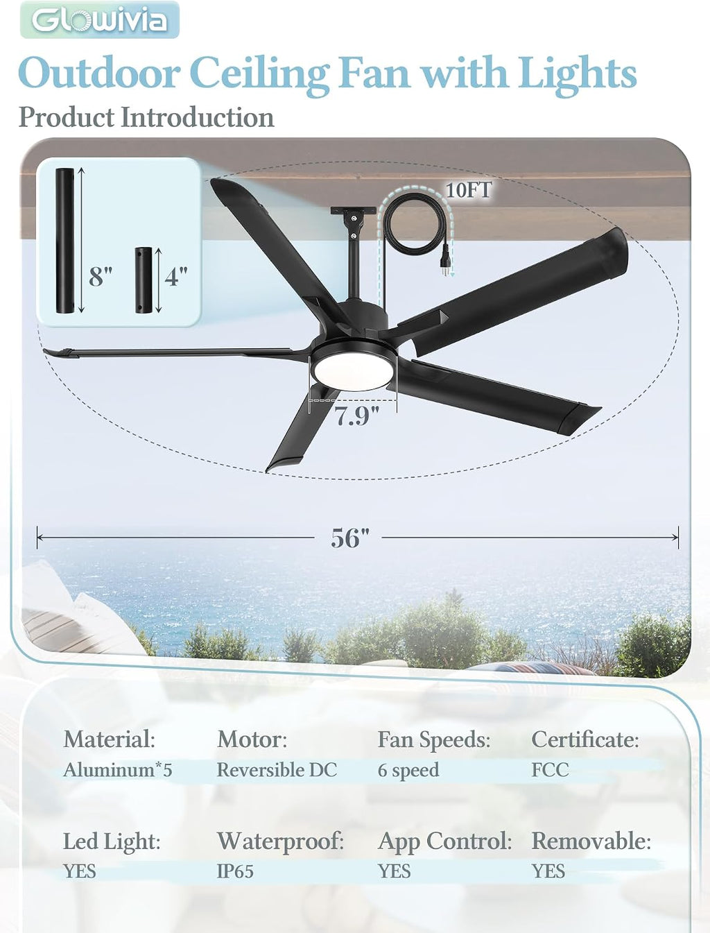 56' Outdoor Ceiling Fan with Lights, IP65 Waterproof Gazebo Fan with Remote Control 6-Speeds DC Motor, Black Plug in Hanging Fan for Patio Porch Pergola(Black)