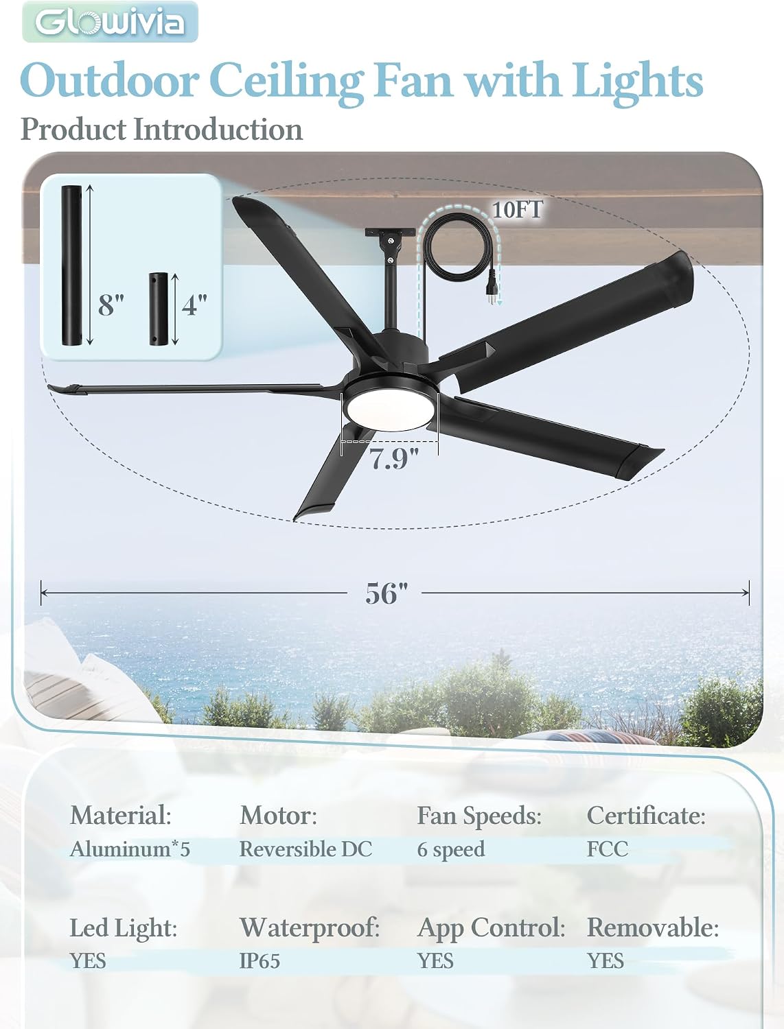 56' Outdoor Ceiling Fan with Lights, IP65 Waterproof Gazebo Fan with Remote Control 6-Speeds DC Motor, Black Plug in Hanging Fan for Patio Porch Pergola(Black)