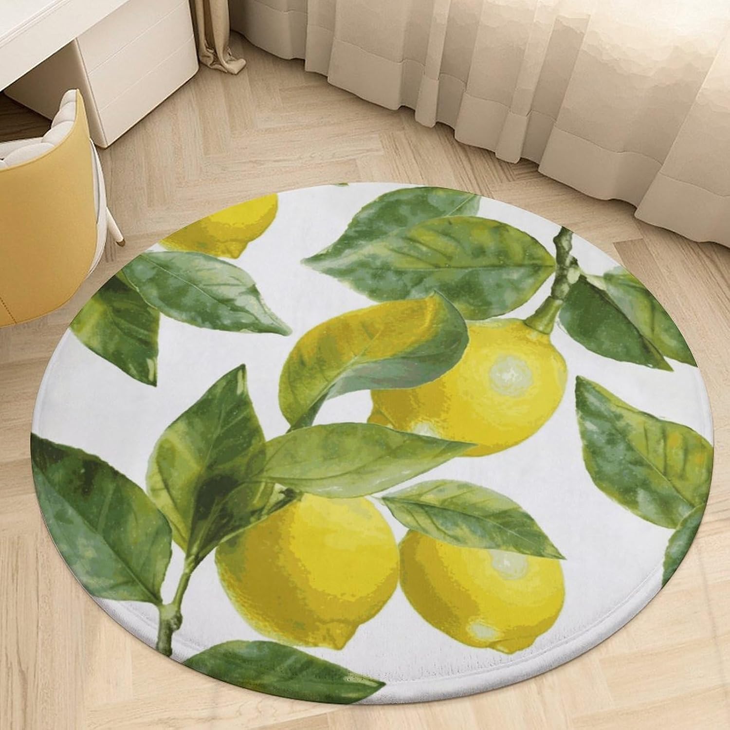 Lemon Branch Leaves Coral Velvet Round Floor Mat Non-Slip Bath Rug Floor Covering for Bathroom Vanity Guest Suite & Vacation Home