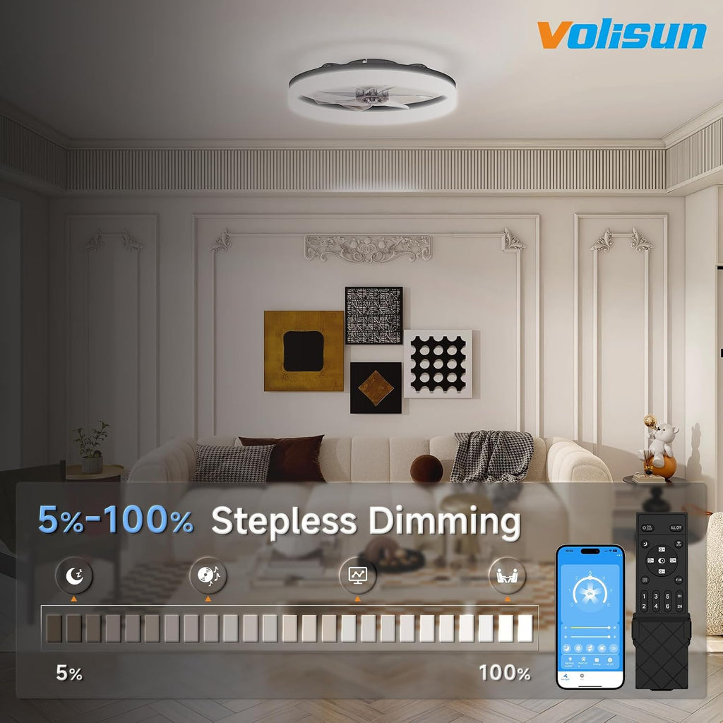 VOLISUN Low Profile Ceiling Fans with Lights and Remote, 23.6in Fandelier Ceiling Fan with Light, 3000K-6500K Dimmable Bladeless LED Fan Light, Black Flush Mount Ceiling Fans with Lights for Bedroom