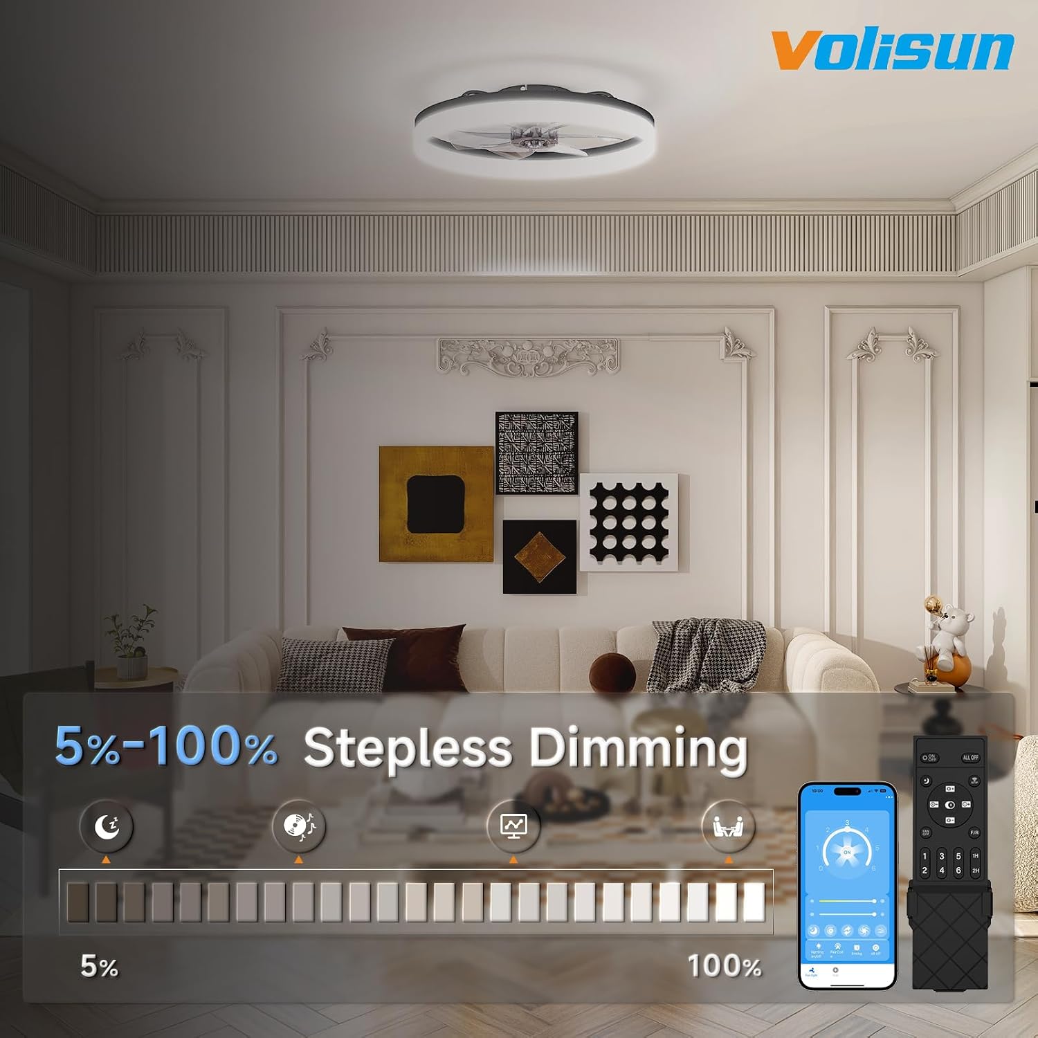 VOLISUN Low Profile Ceiling Fans with Lights and Remote, 23.6in Fandelier Ceiling Fan with Light, 3000K-6500K Dimmable Bladeless LED Fan Light, Black Flush Mount Ceiling Fans with Lights for Bedroom