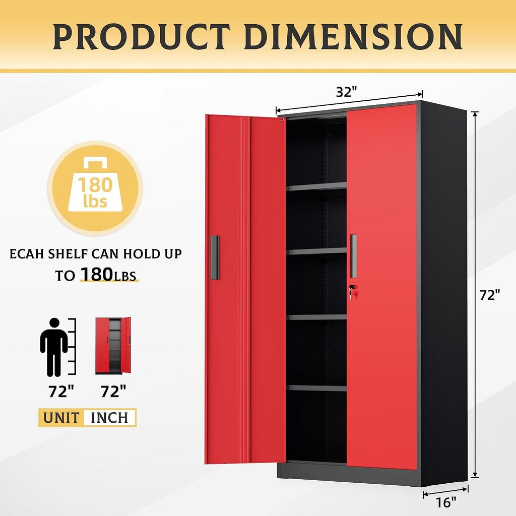 SUNCROWN Metal Storage Cabinets with Lock, Tool Cabinet, 72' Locking Steel Storage, Tall Locker Organizer Garage Cabinets with 2 Doors and 4 Shelves for Home,Office,Warehouse,Garage,School(Black Red)