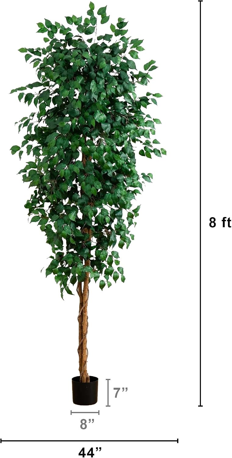 Nearly Natural 8ft Triple Trunk Artificial Ficus Tree with Natural Wood Trunks, Fake Tree for Indoor Home Décor, Faux Ficus Tree with Black Nursery Pot