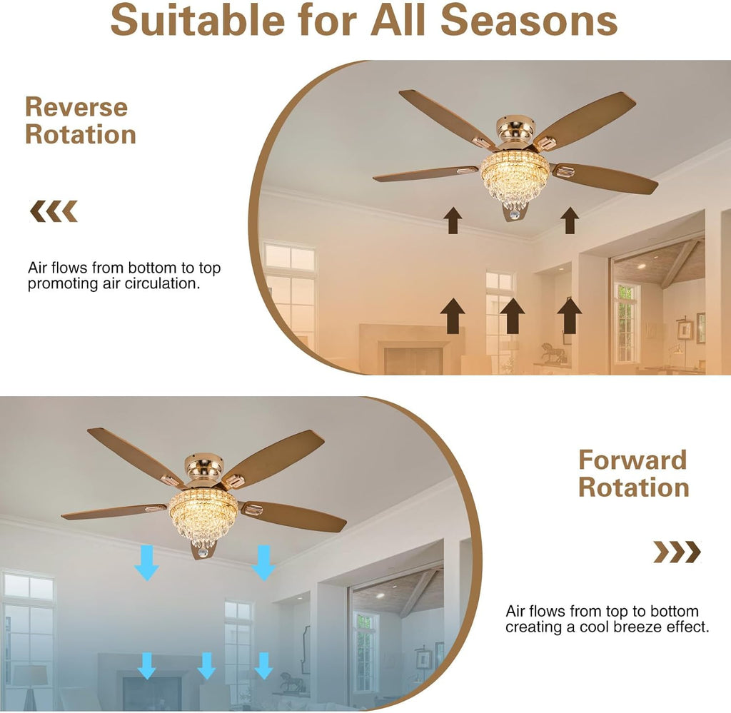 Crystal Ceiling Fan Fandelier with Lights-Ceiling Fans with Lights,54' Low Profile and Remote Control, Flush Mount, Reversible, Dimmable, Noiseless,Gold Ceiling Fan for Bedroom