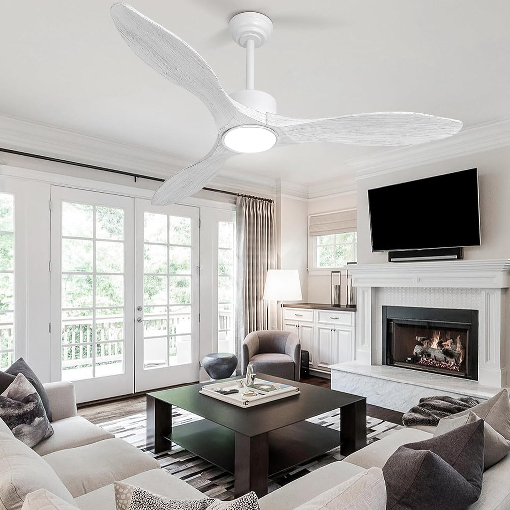 52 Inch White Ceiling Fan with Lights and Remote, Retro White Wood Low Profile Flush Mount Modern Ceiling Fan for Indoor Farmhouse Bedroom Living Room Outdoor Patio Porch, Reversible DC Motor