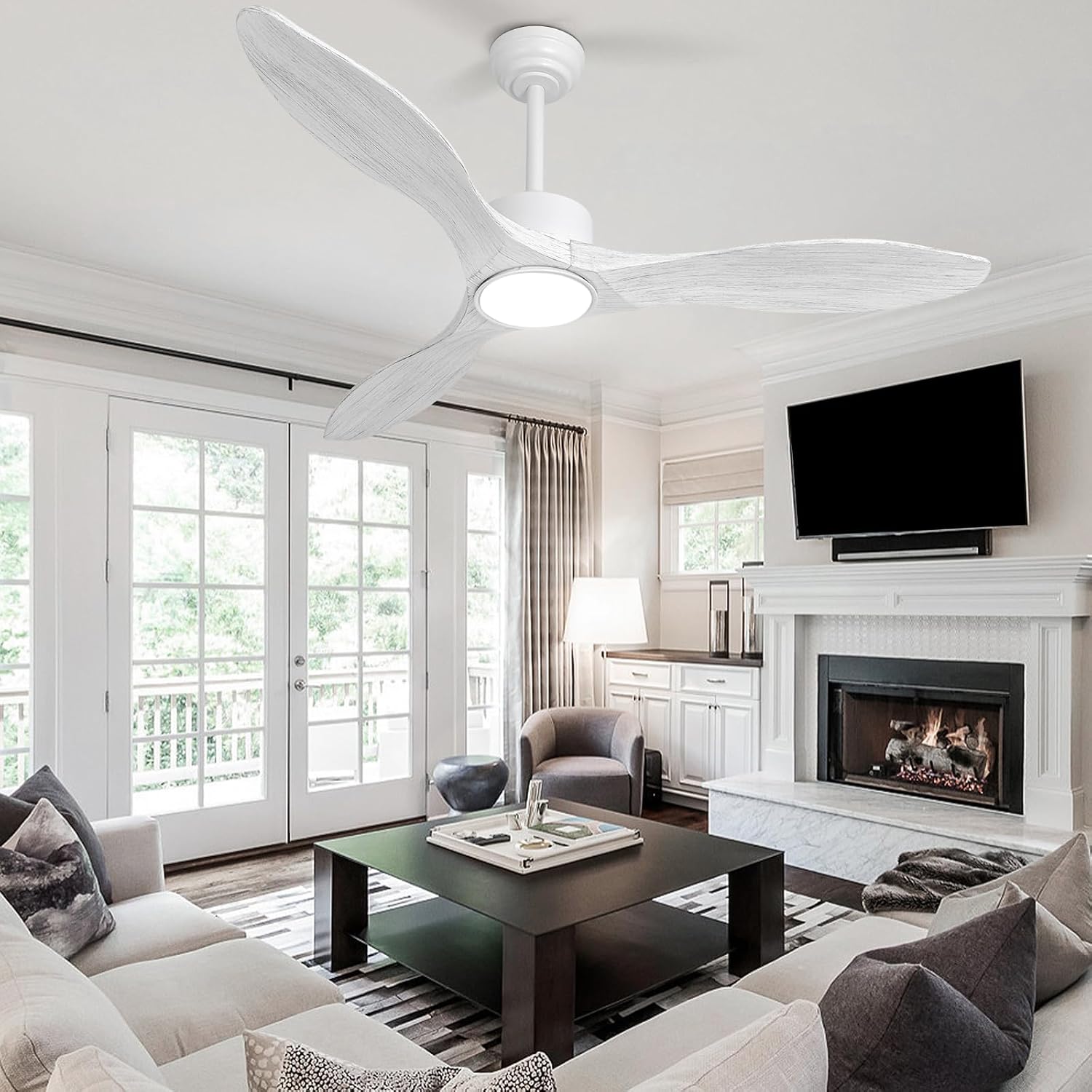 52 Inch White Ceiling Fan with Lights and Remote, Retro White Wood Low Profile Flush Mount Modern Ceiling Fan for Indoor Farmhouse Bedroom Living Room Outdoor Patio Porch, Reversible DC Motor
