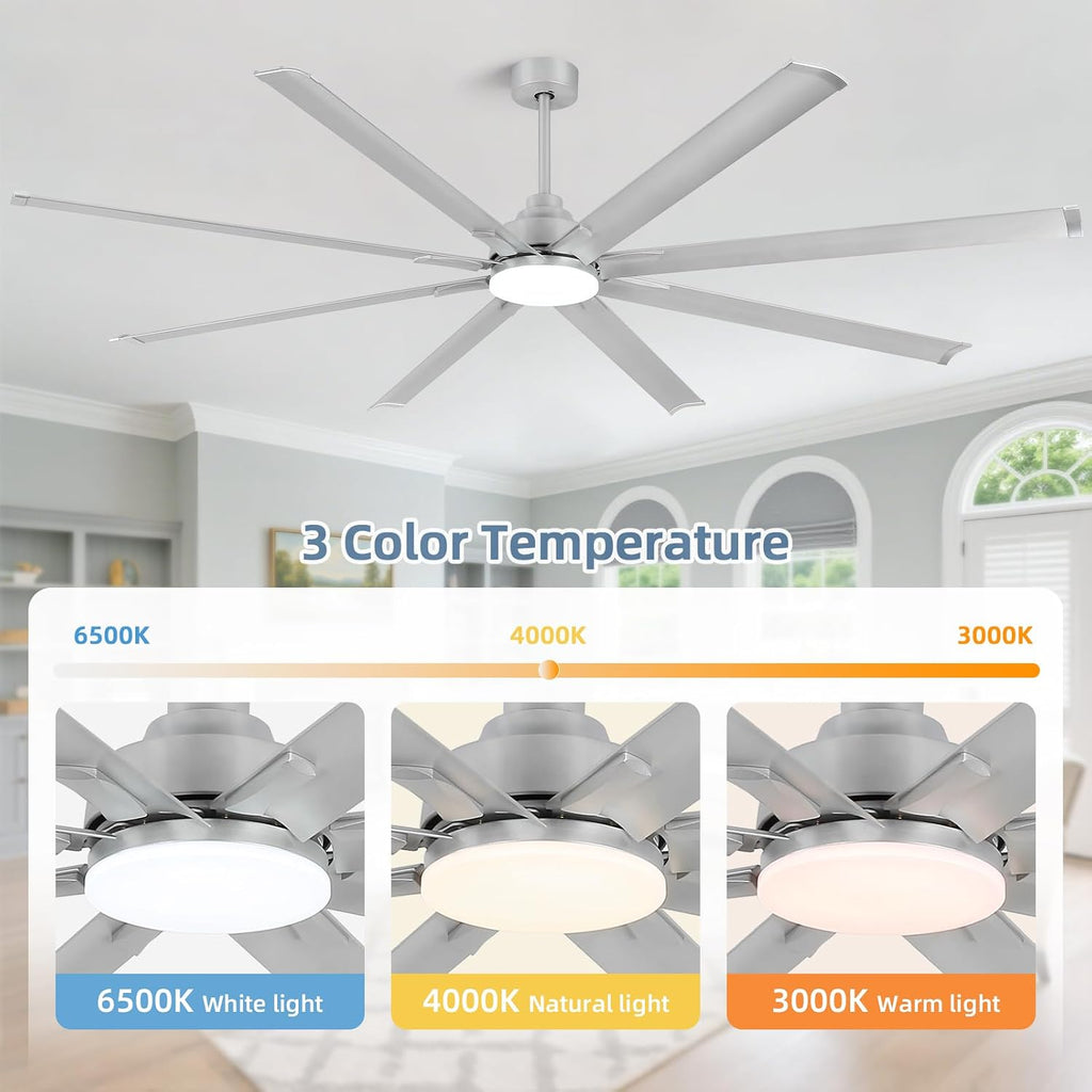 84 Inch Large Ceiling Fan with Light, 8 Aluminum Blades, DC Motor, 6 Speed Remote Control, Modern Indoor Outdoor Ceiling Fan with 3 Downrods, Reversible Quiet Fan for Living Room,Great Room,Patio,Shop