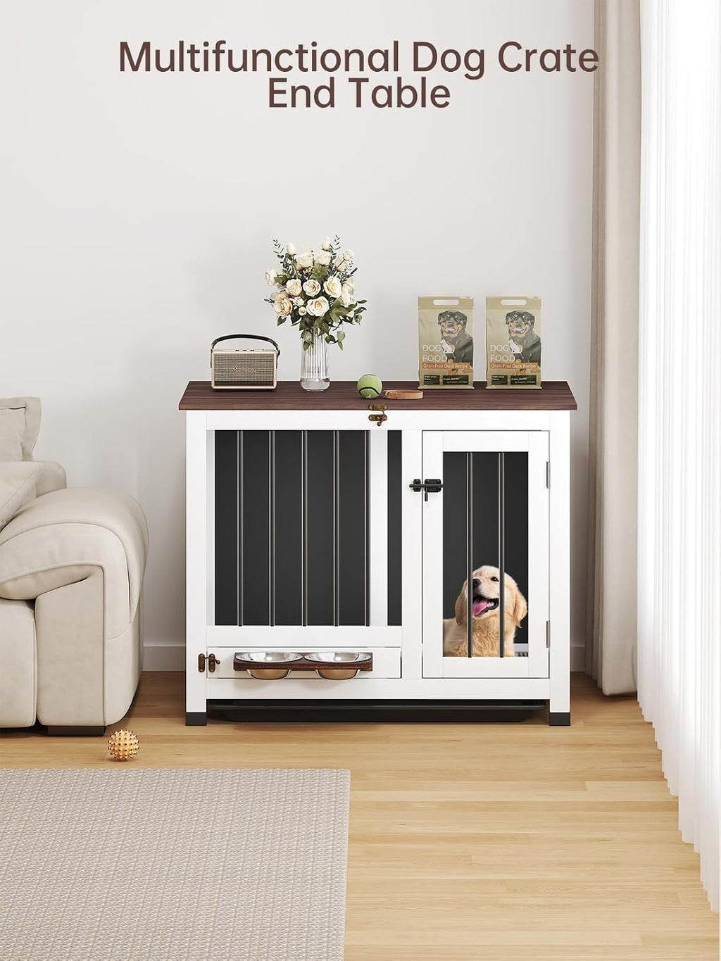 Dog Crate Furniture - 31.5' Wooden Dog Cage with Removable Tray & 360° Rotating Feeder | Multi-Functional Dog Kennel End Table for Small & Medium Dogs | Indoor Portable Pet Crates | Easy Assembly