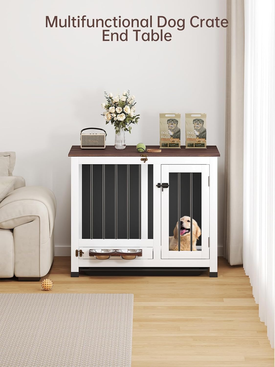 Dog Crate Furniture - 31.5' Wooden Dog Cage with Removable Tray & 360° Rotating Feeder | Multi-Functional Dog Kennel End Table for Small & Medium Dogs | Indoor Portable Pet Crates | Easy Assembly