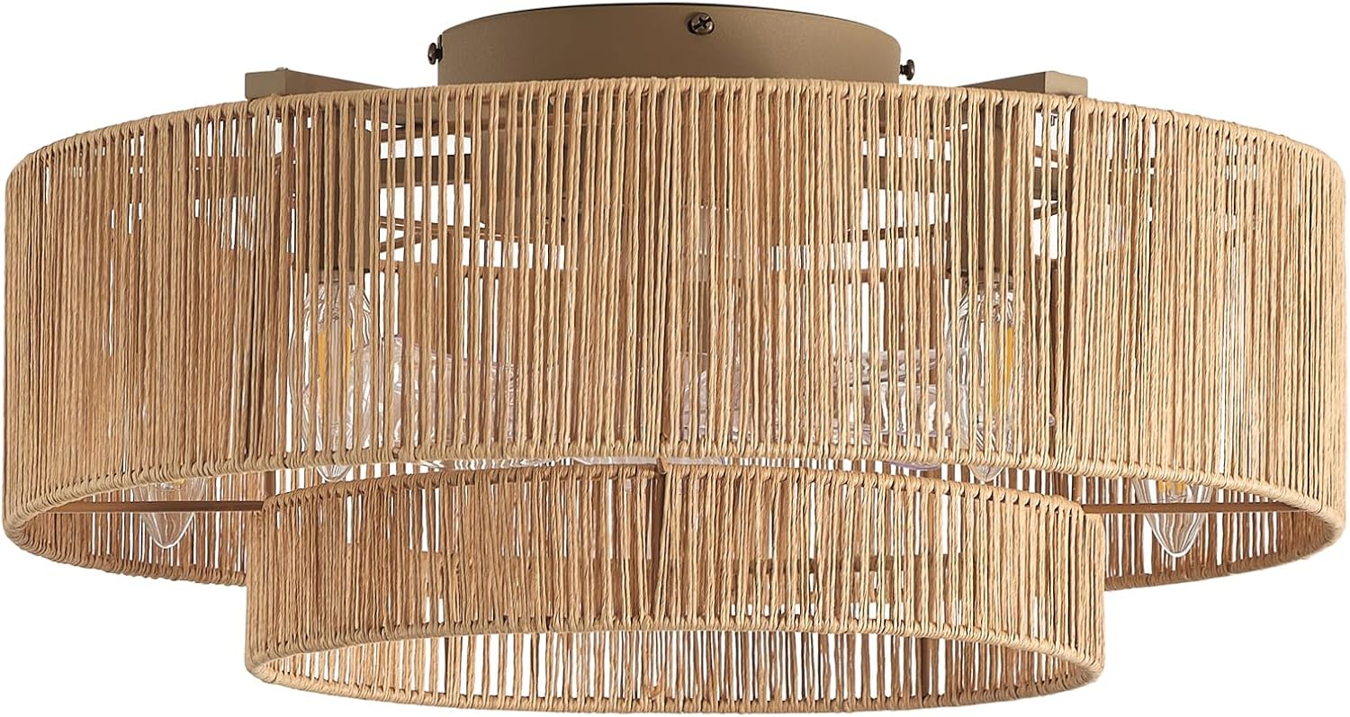 20'' Rattan Boho Ceiling Fan with Light, Enclosed Caged Ceiling Fans with Lights and Remote Control, Coastal Flush Mount with Reversible 6 Speeds for Living Room Bedroom Kitchen