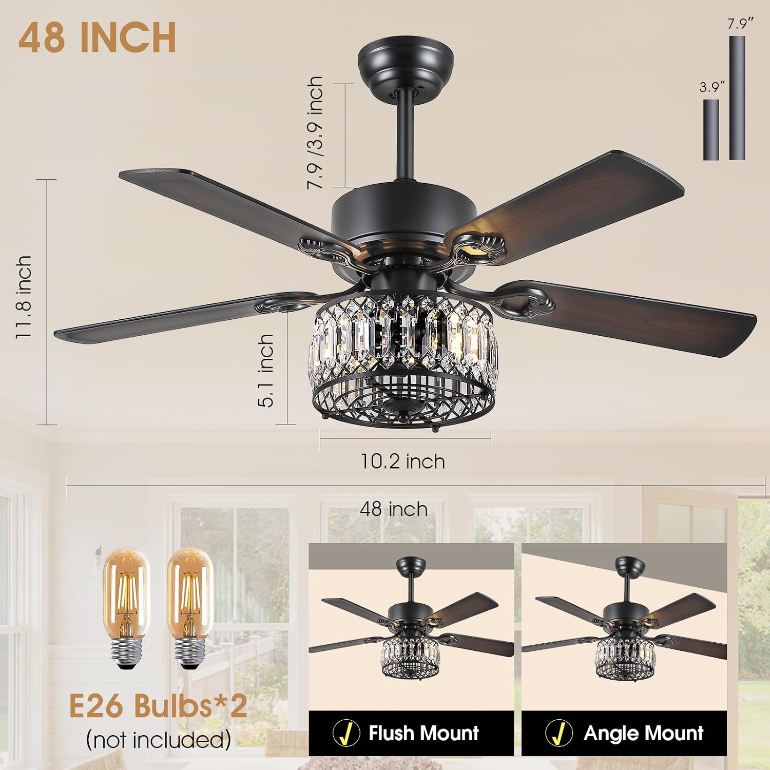 Kviflon Farmhouse Crystal Ceiling Fans with Lights and Remote, 48 Inch Chandelier Ceiling Fans, Black Fandelier Ceiling Fan for Bedroom Living Room, Quiet DC Motor, Reversible, Bulb not Included