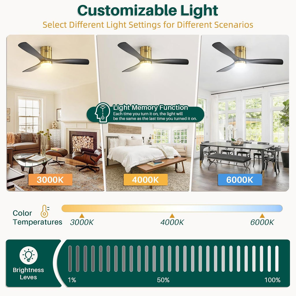 CACI Mall 52 Inch Wood Flush Mount Ceiling Fan with Lights, 3 Blades, Low Profile, Modern, 3CCT, Dimmable, Noiseless, Remote Contral, Outdoor Indoor Ceiling Fans for Bedroom/Farmhouse/Patio