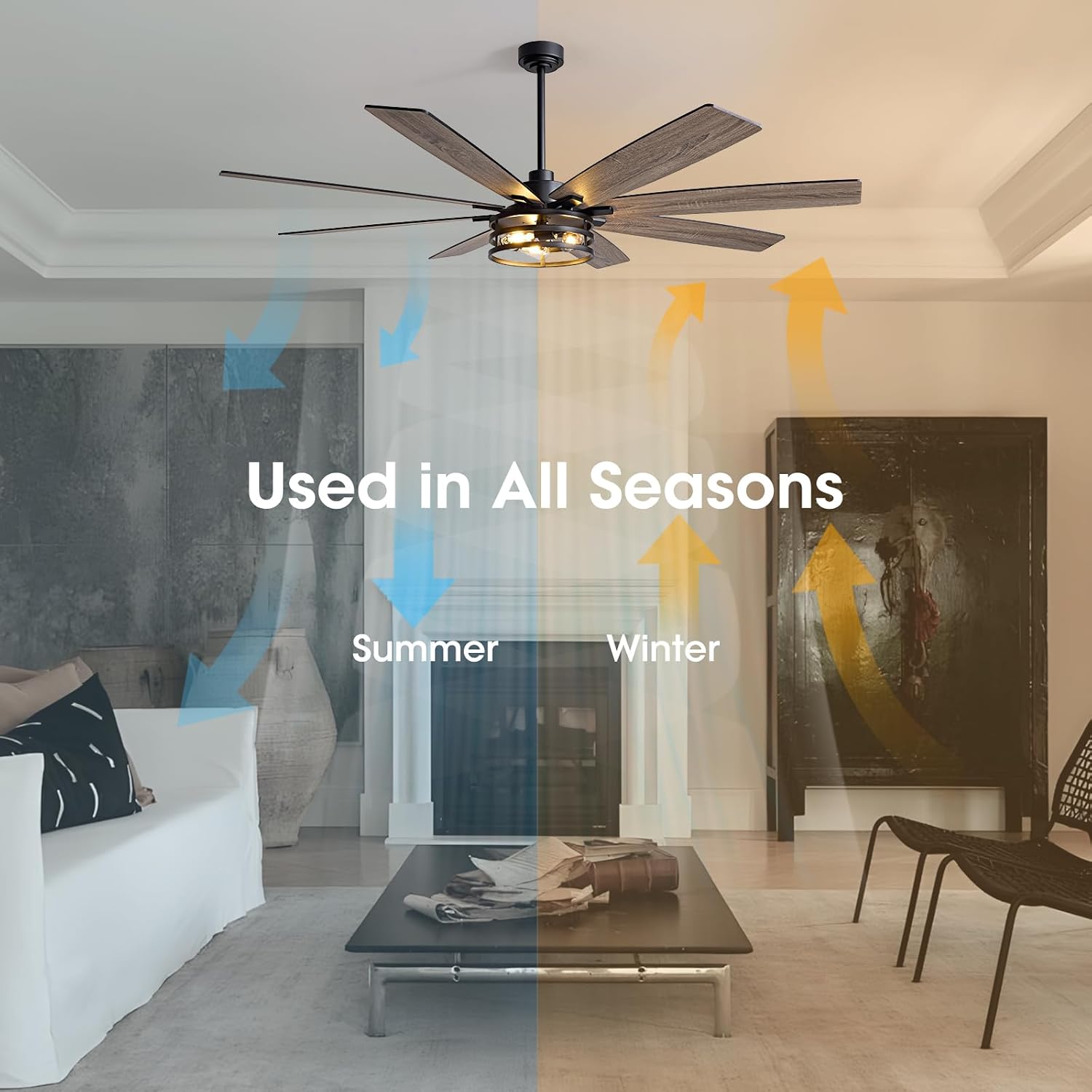 LuminFan 72 inch Large Ceiling Fans with Lights and Remote, Black Modern Ceiling Fan for Living Room, Patios, 6 Speed Reversible Quiet DC Motor, 8 Blades, Easy to Install