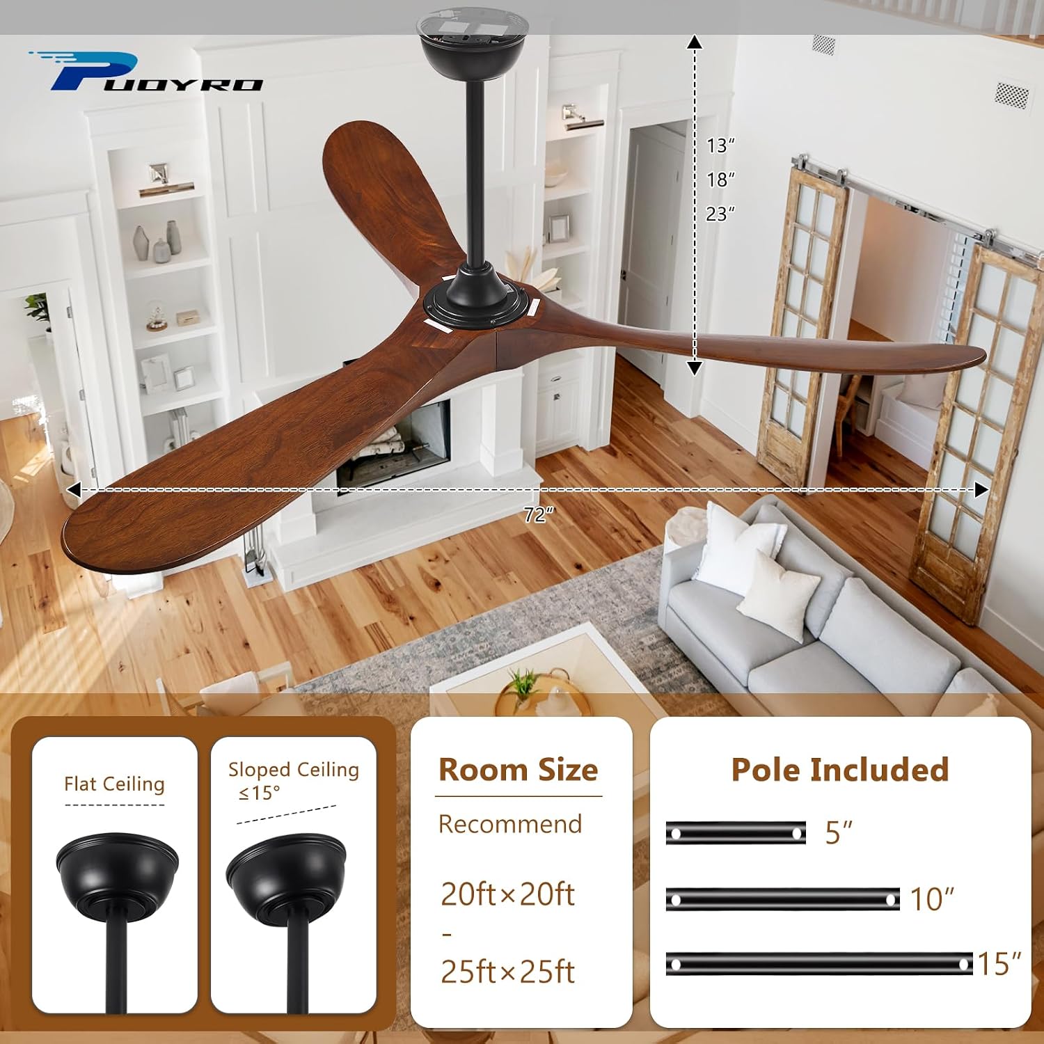 72' Ceiling Fan with Light and Remote, 6-Speed Dimmable Outdoor Ceiling Fan, High CFM Quiet 3 Blade Wood Ceiling Fan, Puoyro Modern Propeller Ceiling Fan for Outdoor Indoor Living Patio Porch (Walnut)