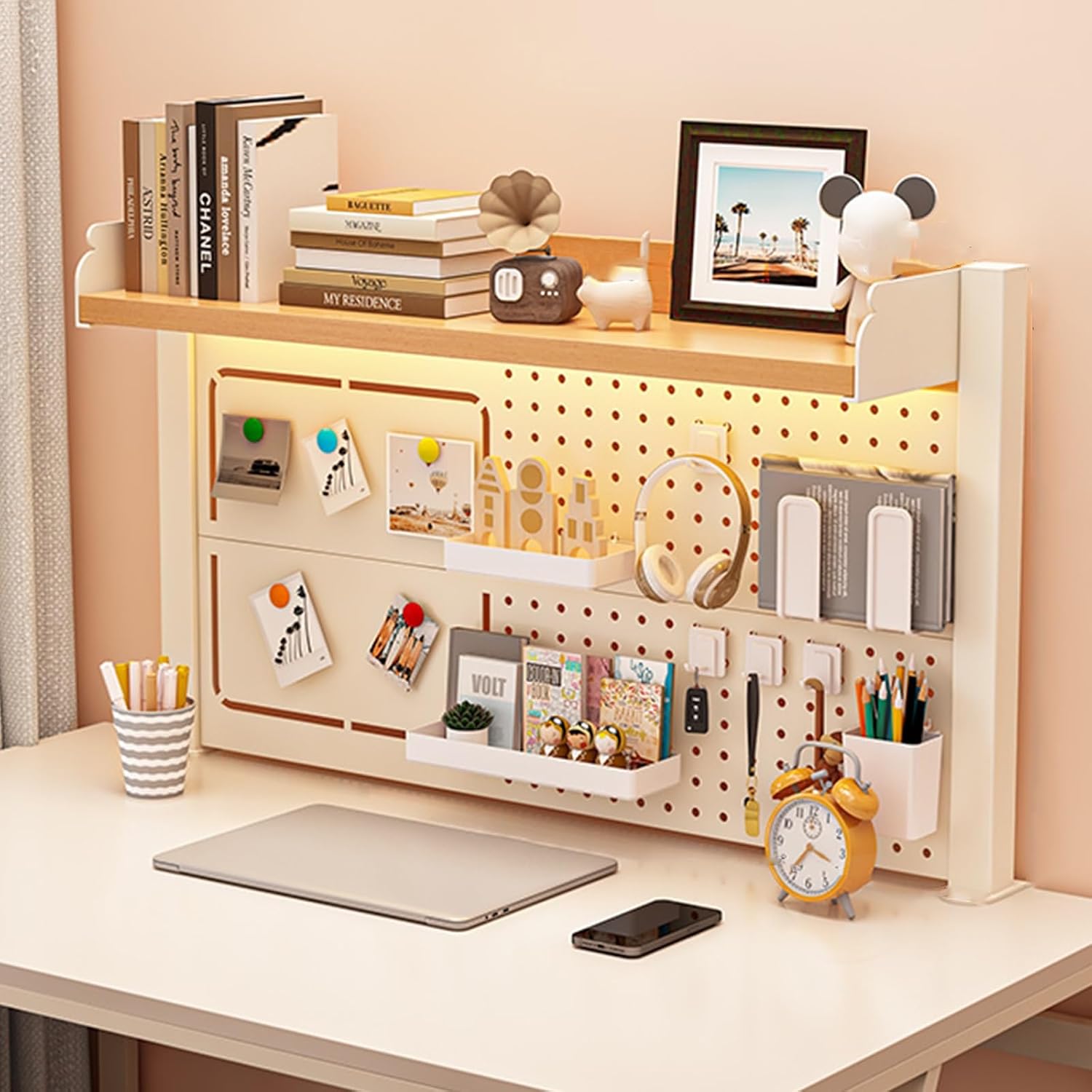 Desktop Bookshelf Organizer with Clamp On Desk Pegboard Dorm Desk Shelf and Organizer Adjustable Desktop Storage Shelf for College Dormitory,Wood-b-100 * 63cm/39 * 24in