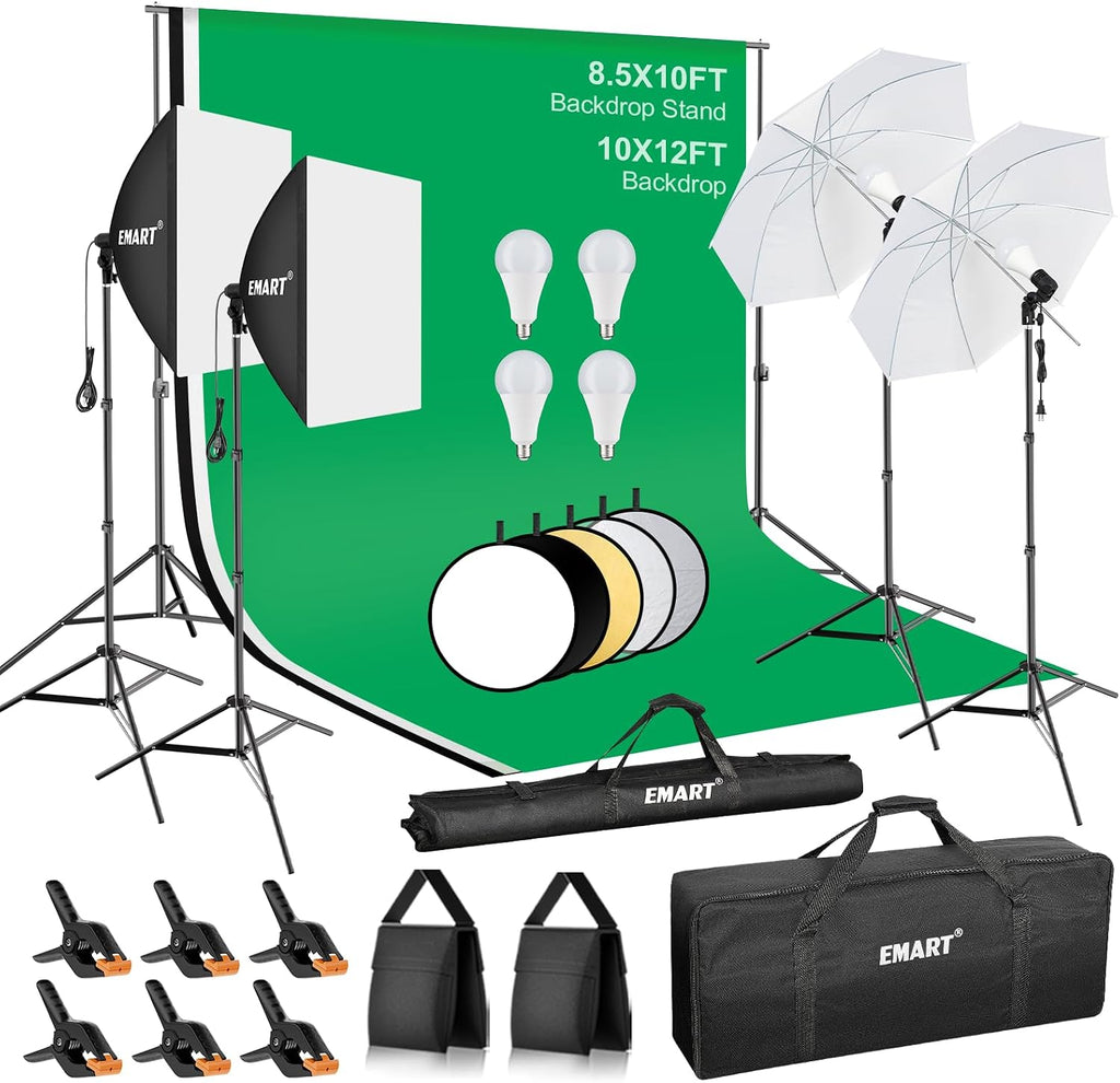 EMART 8.5 x 10 ft Backdrop Support System, Professional Photography Lighting Kit with 10*12ft Backdrop*3, 5500K 50W LED, Reflector, Umbrellas&Softbox Lighting Kit for Studio, Portrait, Video Shooting