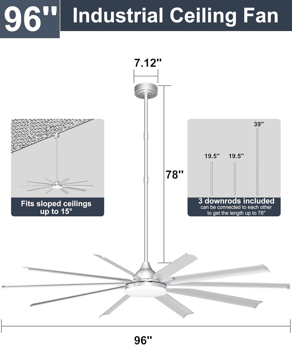 Ohniyou 96'' Industrial Ceiling Fan with Bright Lights - Remote/APP Control, High CFM, Large Ceiling Fan for Shop, Covered Outdoor, Great Room, Silver