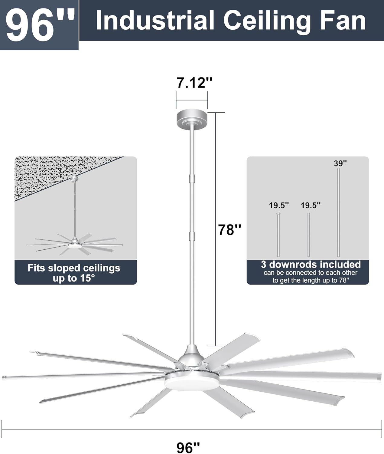 Ohniyou 96'' Industrial Ceiling Fan with Bright Lights - Remote/APP Control, High CFM, Large Ceiling Fan for Shop, Covered Outdoor, Great Room, Silver