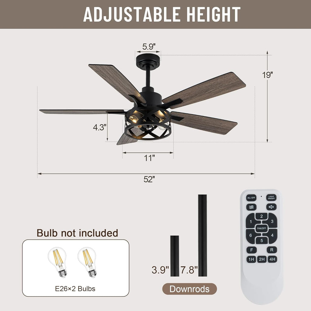 52' Farmhouse Ceiling Fan with Lights and Remote,Ceiling Fan with Caged Rustic Light Fixture,Reversible DC Motor,5 Double Finish Wood Blades for Patio,Living Room,Dining Room,Bedroom