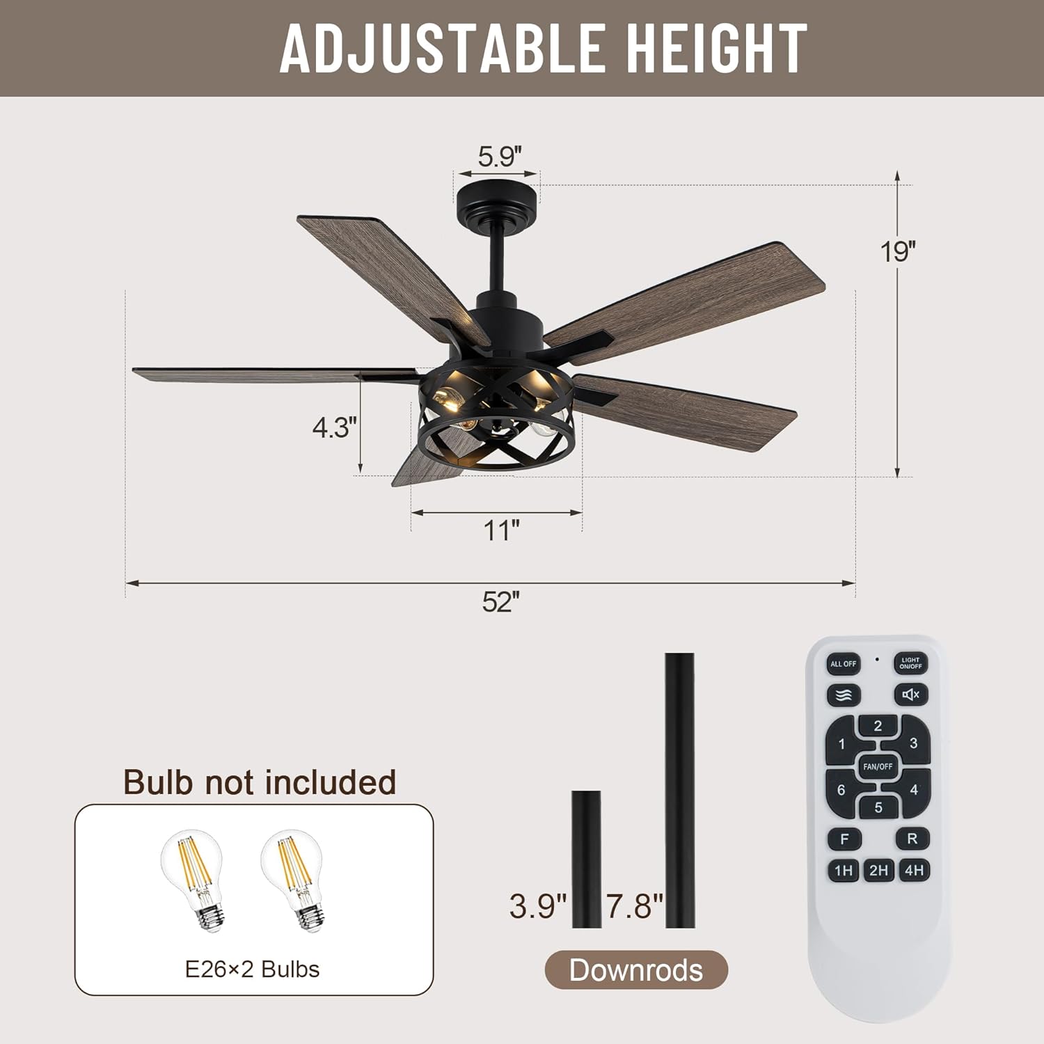 52' Farmhouse Ceiling Fan with Lights and Remote,Ceiling Fan with Caged Rustic Light Fixture,Reversible DC Motor,5 Double Finish Wood Blades for Patio,Living Room,Dining Room,Bedroom