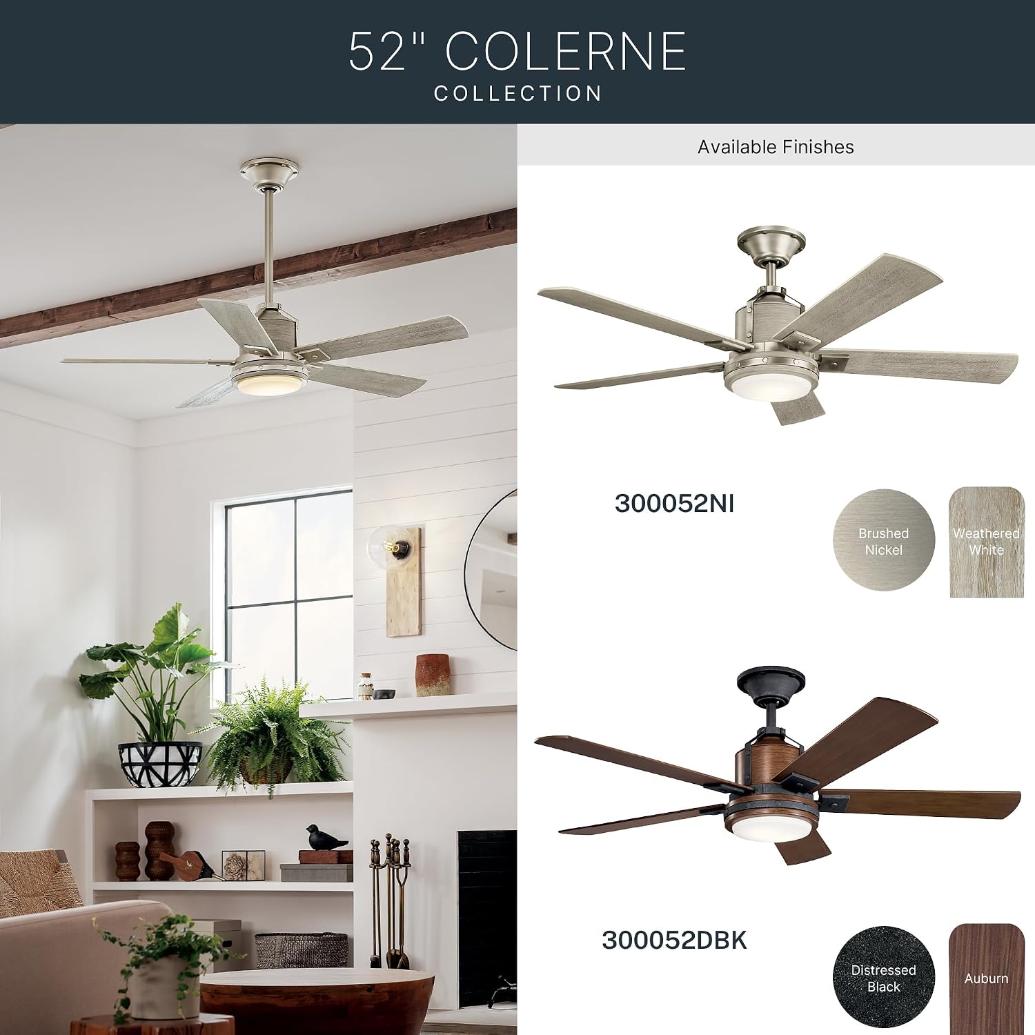 Kichler Colerne 52'Ceiling Fan with LED Light in Black, 5-Blade Vintage Industrial IndoorFan, 3000k, (52'W x 17' H), 300052DBK