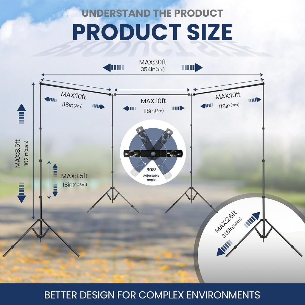 Jiang&Rong 8.5 x 30ft (H x W) Adjustable Photo Backdrop Stand Kit, Large Photography Background Stand with 308°Angle Rotatable Connector for Wedding, Birthday, Party