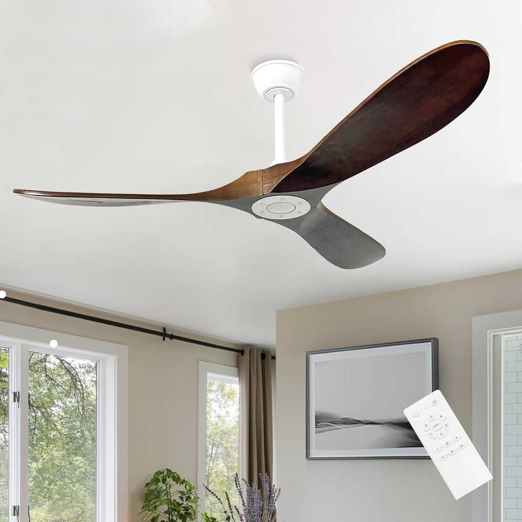 52'' Outdoor Ceiling Fan No Light,6 Speeds Adjustable with Large Airflow,Quiet Operation,Wood Propeller Ceiling Fan for Garage,Gazebo,Living Room,Bedroom(White+Dark Walnut)